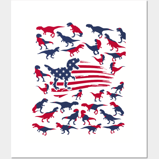 4th Of July Dinosaur Red White Blue T Rex USA American Flag Wall Art by Studio Hues